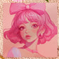A square art print depicting a cute pink haired girl with freckles wearing a large pink bow