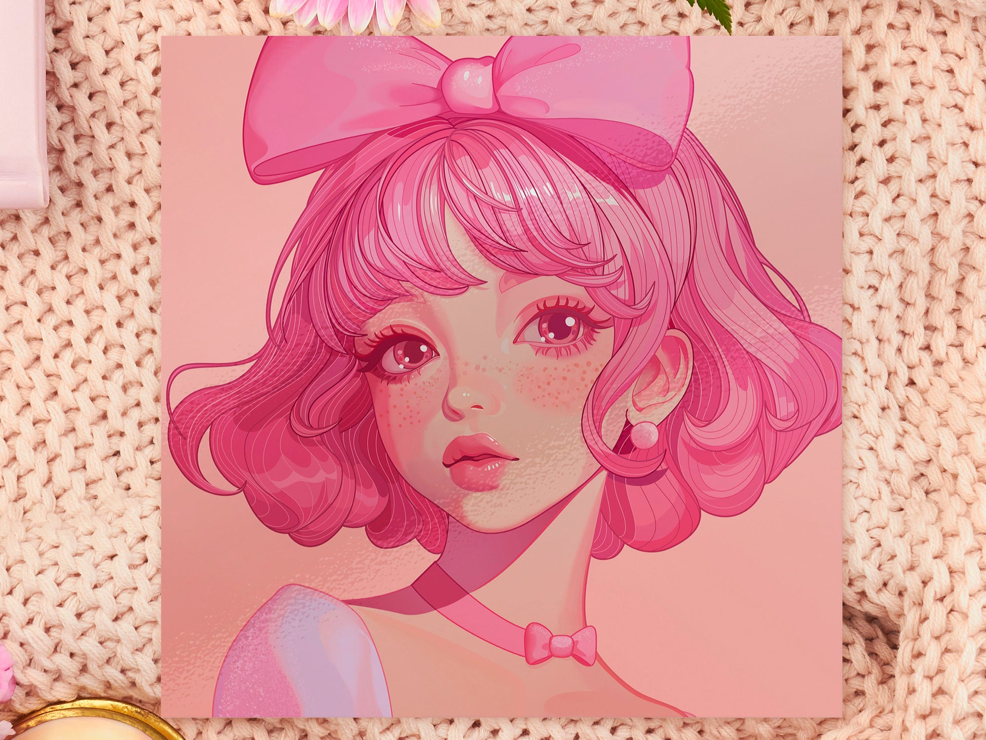 A square art print depicting a cute pink haired girl with freckles wearing a large pink bow