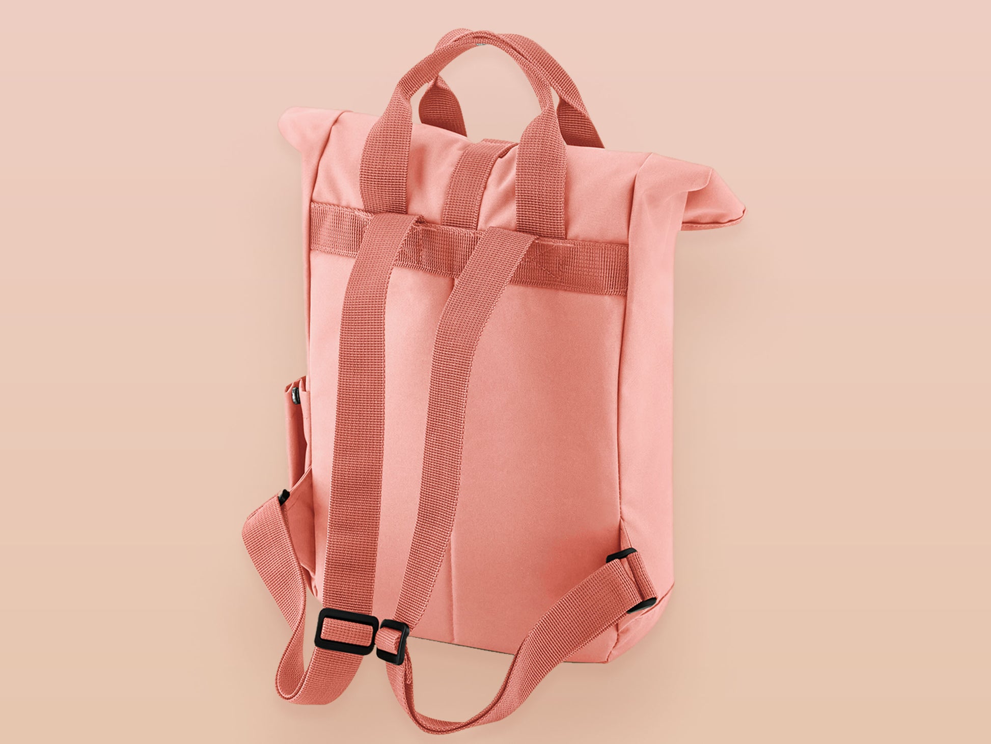 Pink roll top twin handle backpack with an embroided design of cute crying pig and the quote please do not percive me