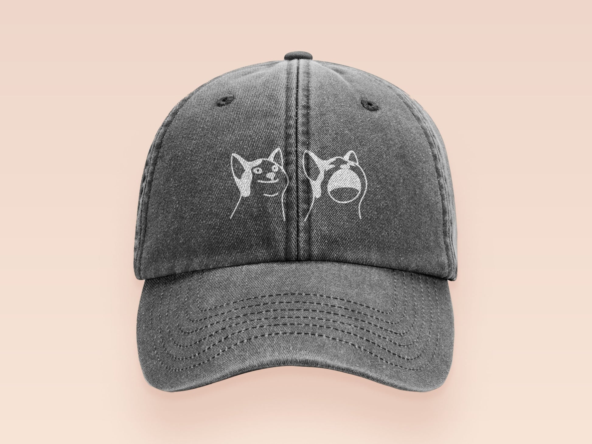 A dark grey baseball cap hat with an embroidered cute white Popcat meme cat design.