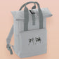 Light Grey roll top twin handle backpack with an embroidered design of the viral meme cat popcat