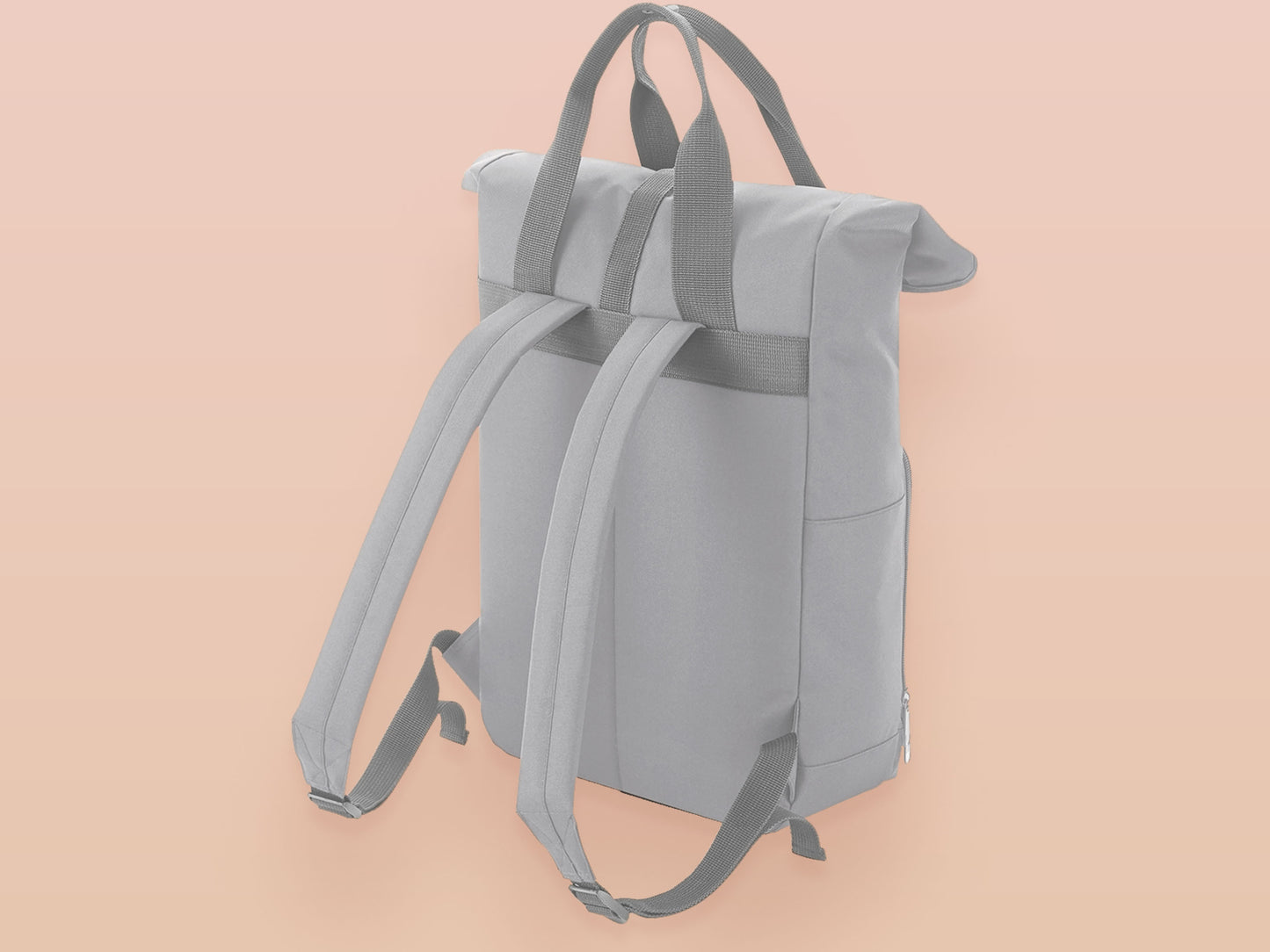 Light Grey roll top twin handle backpack with an embroidered design of the viral meme cat popcat