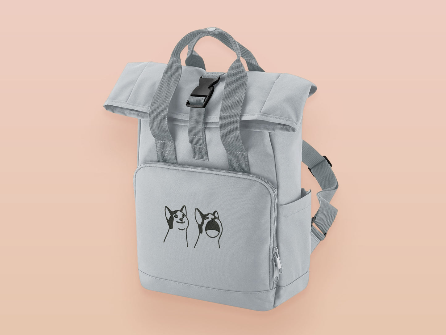 Light Grey roll top twin handle backpack with an embroidered design of the viral meme cat popcat