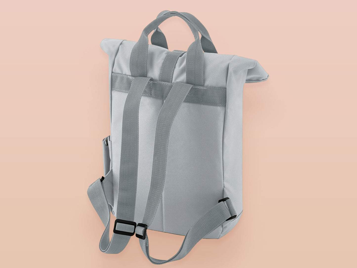 Light Grey roll top twin handle backpack with an embroidered design of the viral meme cat popcat