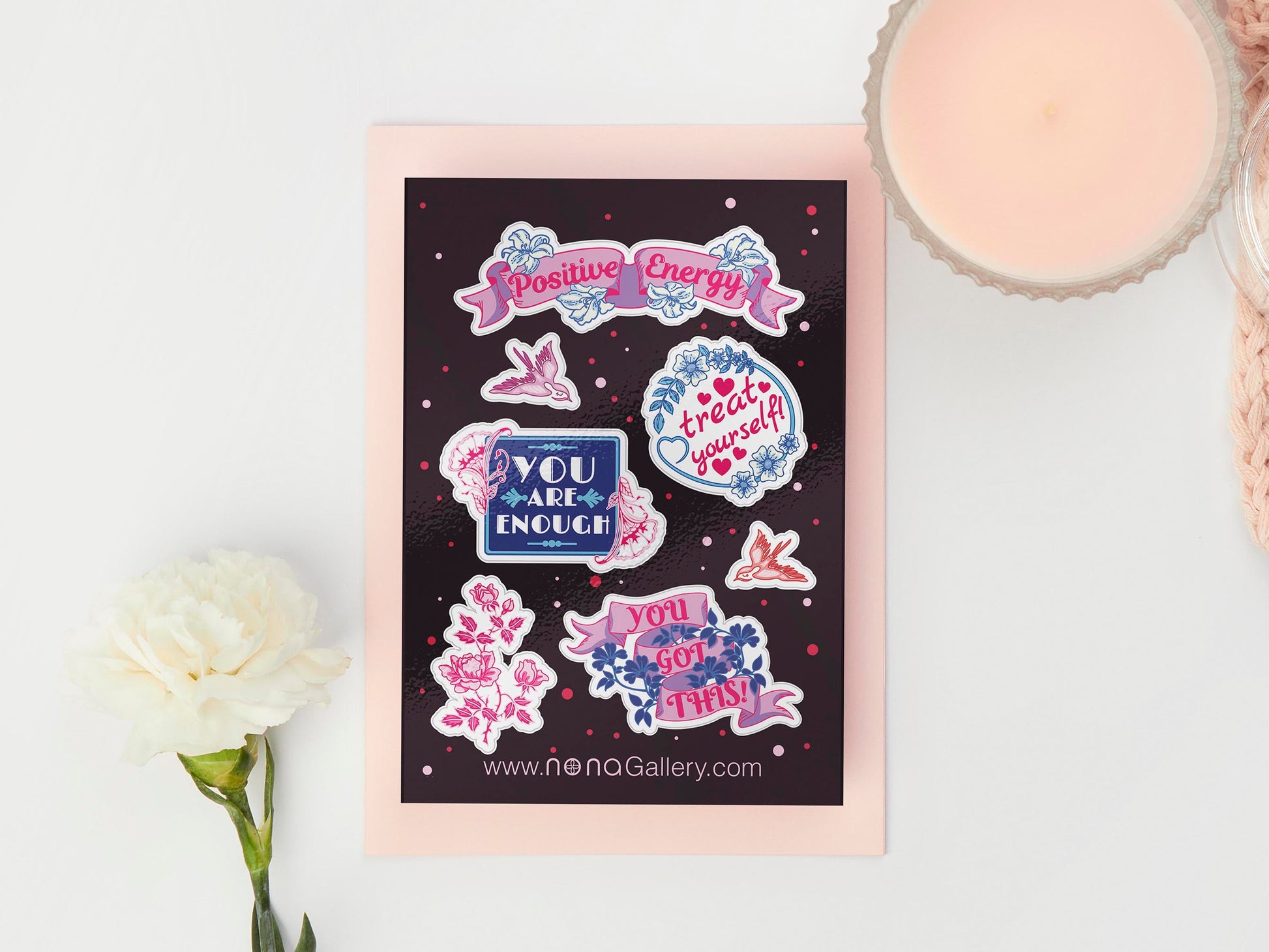 Large sticker sheet of digital illustration cartoons of various cute positive energy mental health themed quotes and patterns with birds and flowers