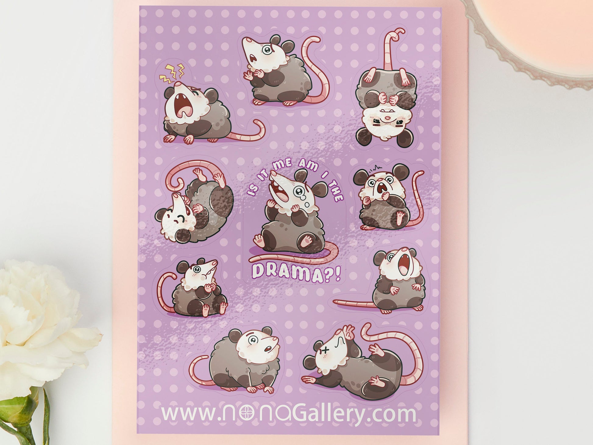 Cute gloss vinyl waterproof sticker sheet of multiple cute chibi possums with multiple relatable expressions