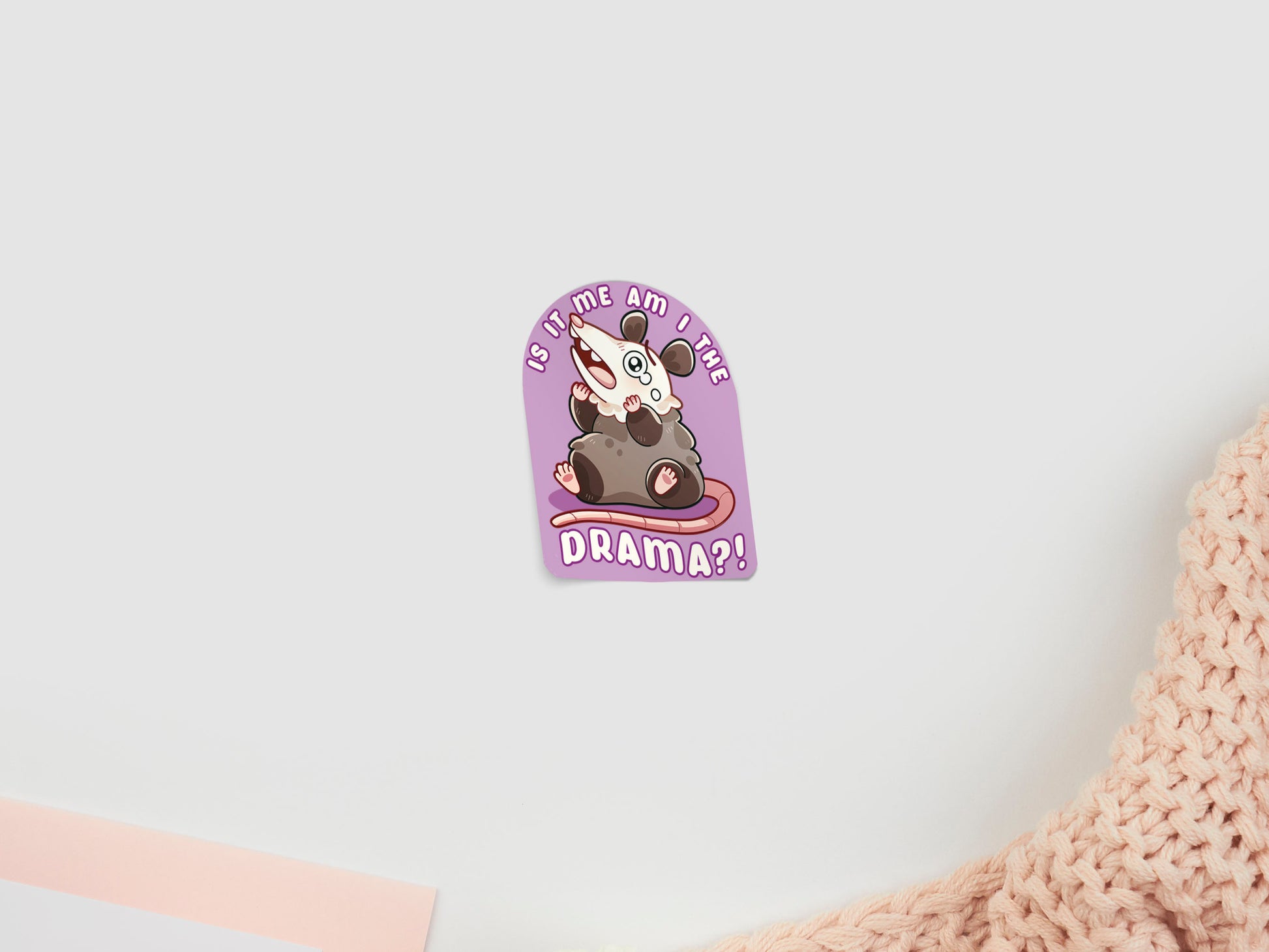 Cute gloss vinyl waterproof sticker of acute chibi possums with relatable expression and the quote is it me am I the drama?!