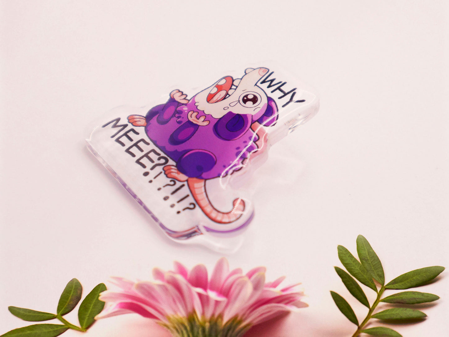 Acrylic pin badge of a crying and screaming possum with the text why me?!