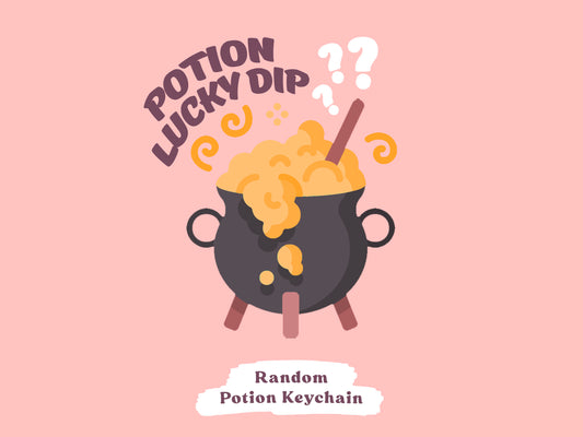 A witch's cauldron over flowing with yellow bubbles surrounded by question marks and the text Potion Lucky Dip Random potion Keyring
