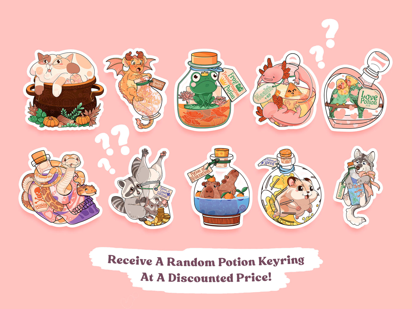 Ten different potion designs all containing cute and whimsical animal characters and potion bottles, with the text below the designs saying Receive a random potion keyring at a discounted price!