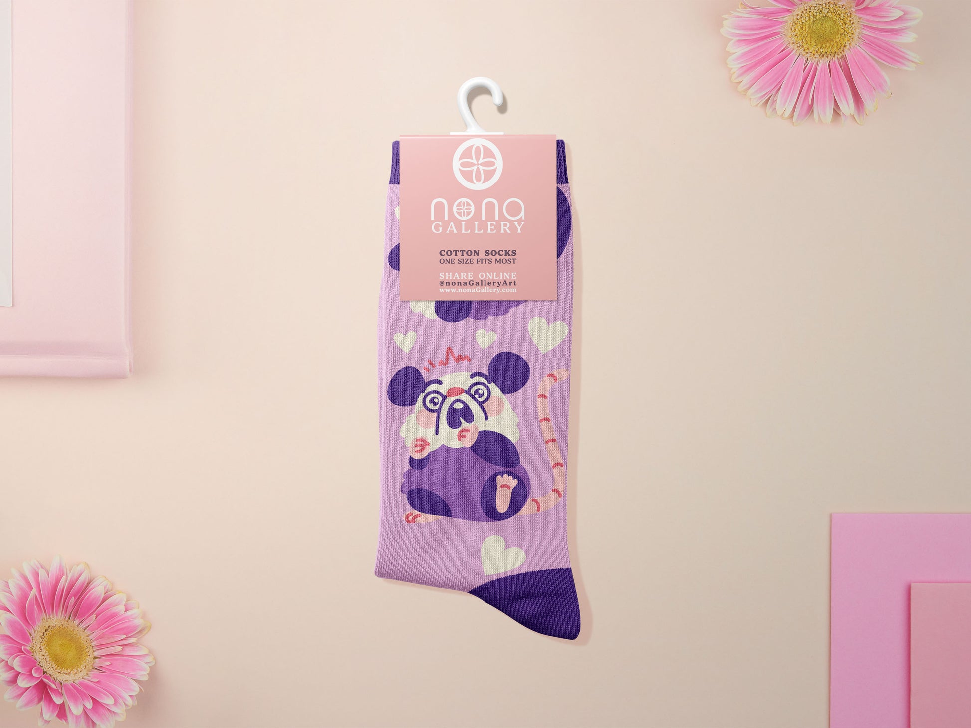 Cute knitted cotton crew socks with a cute purple possum pattern design.