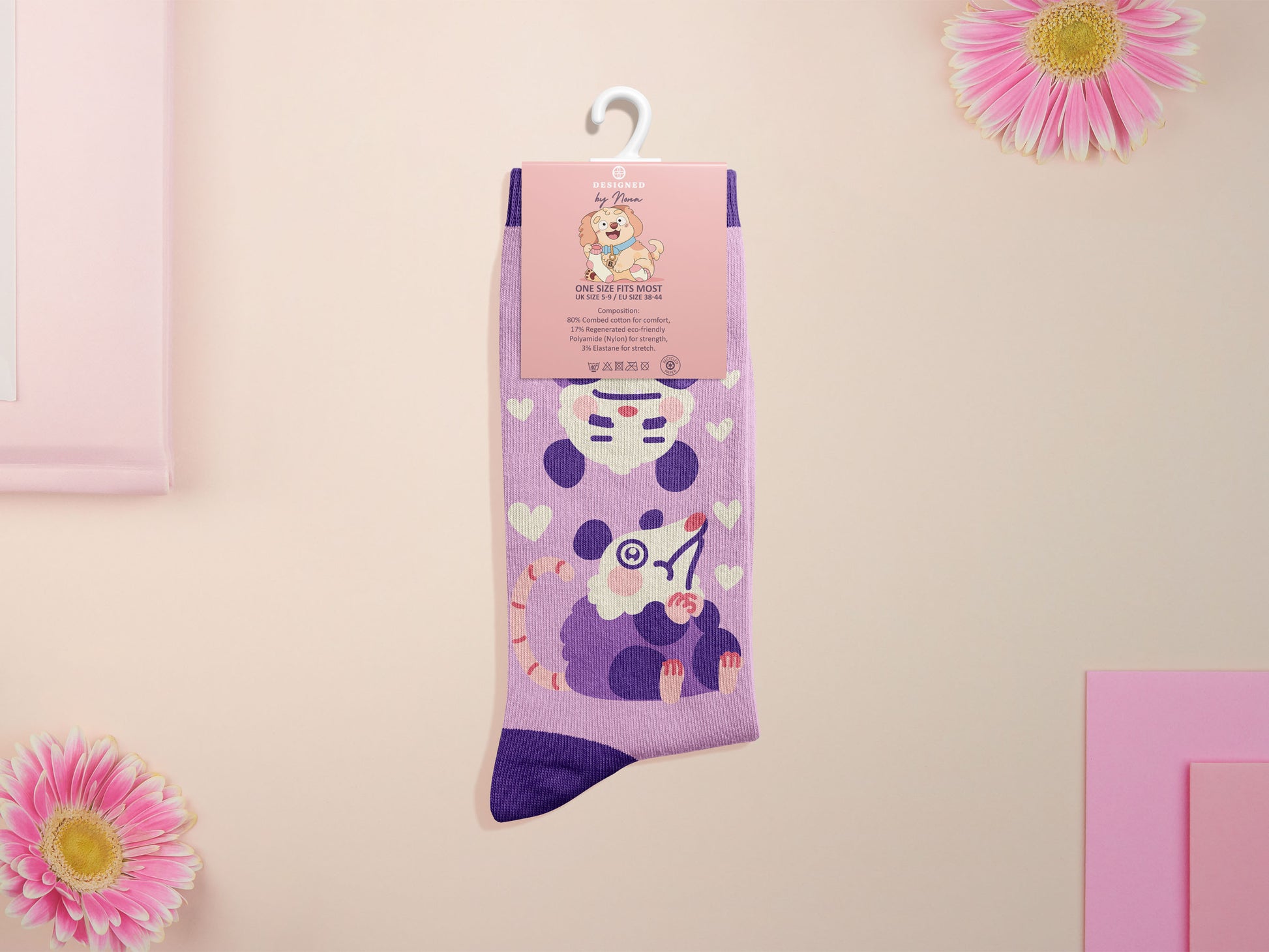 Cute knitted cotton crew socks with a cute purple possum pattern design.