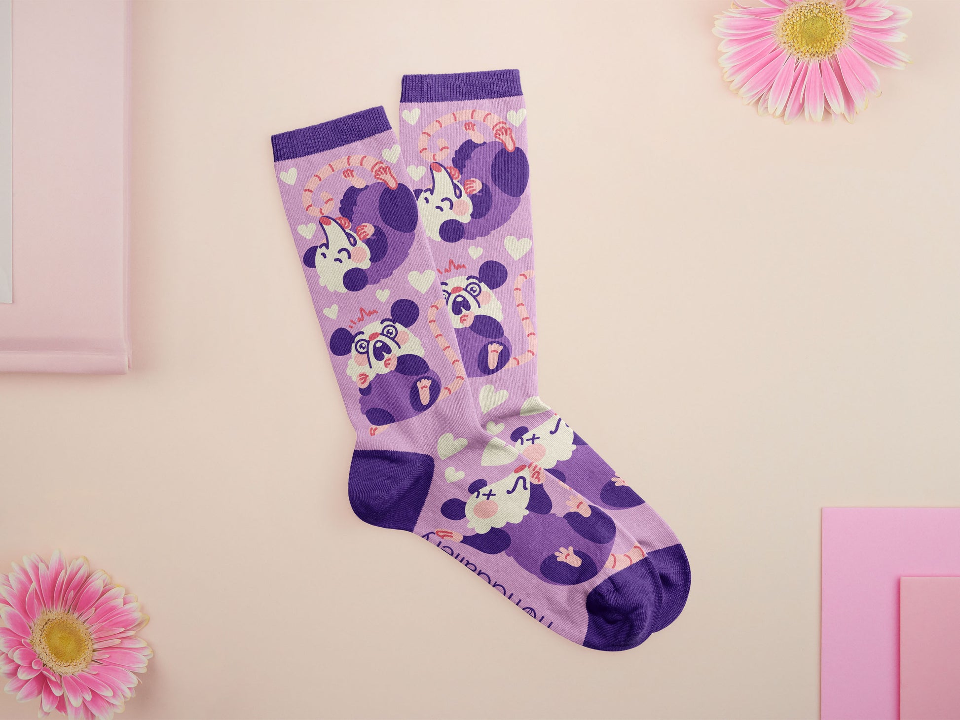 Cute knitted cotton crew socks with a cute purple possum pattern design.