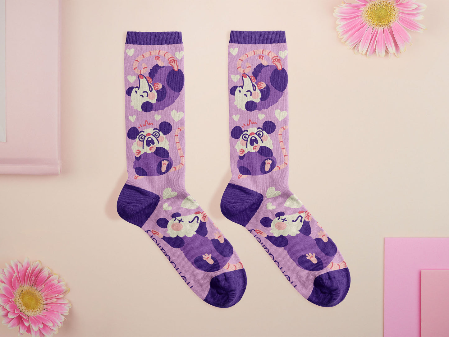 Cute knitted cotton crew socks with a cute purple possum pattern design.