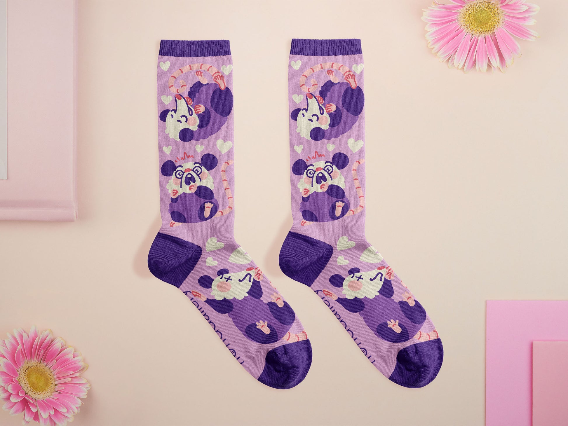 Cute knitted cotton crew socks with a cute purple possum pattern design.