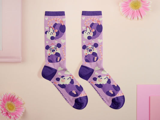 Cute knitted cotton crew socks with a cute purple possum pattern design.