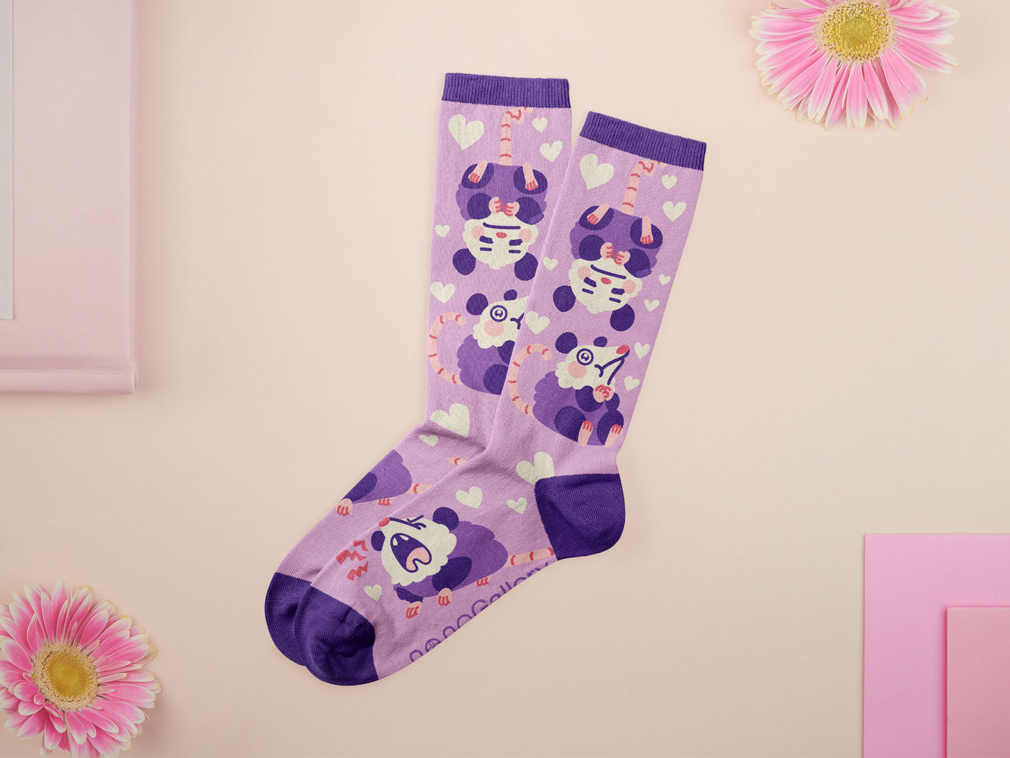 Cute knitted cotton crew socks with a cute purple possum pattern design.