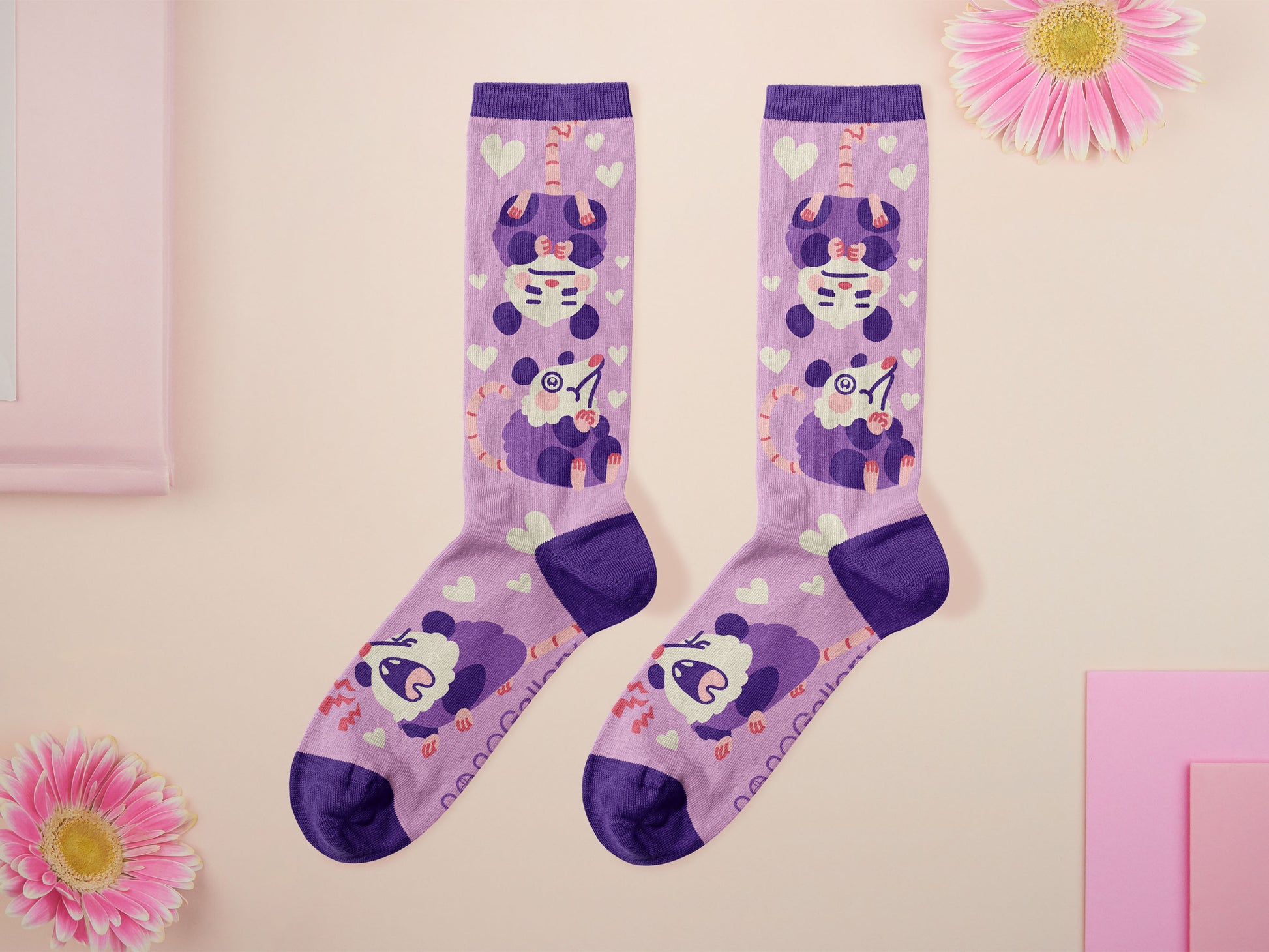 Cute knitted cotton crew socks with a cute purple possum pattern design.