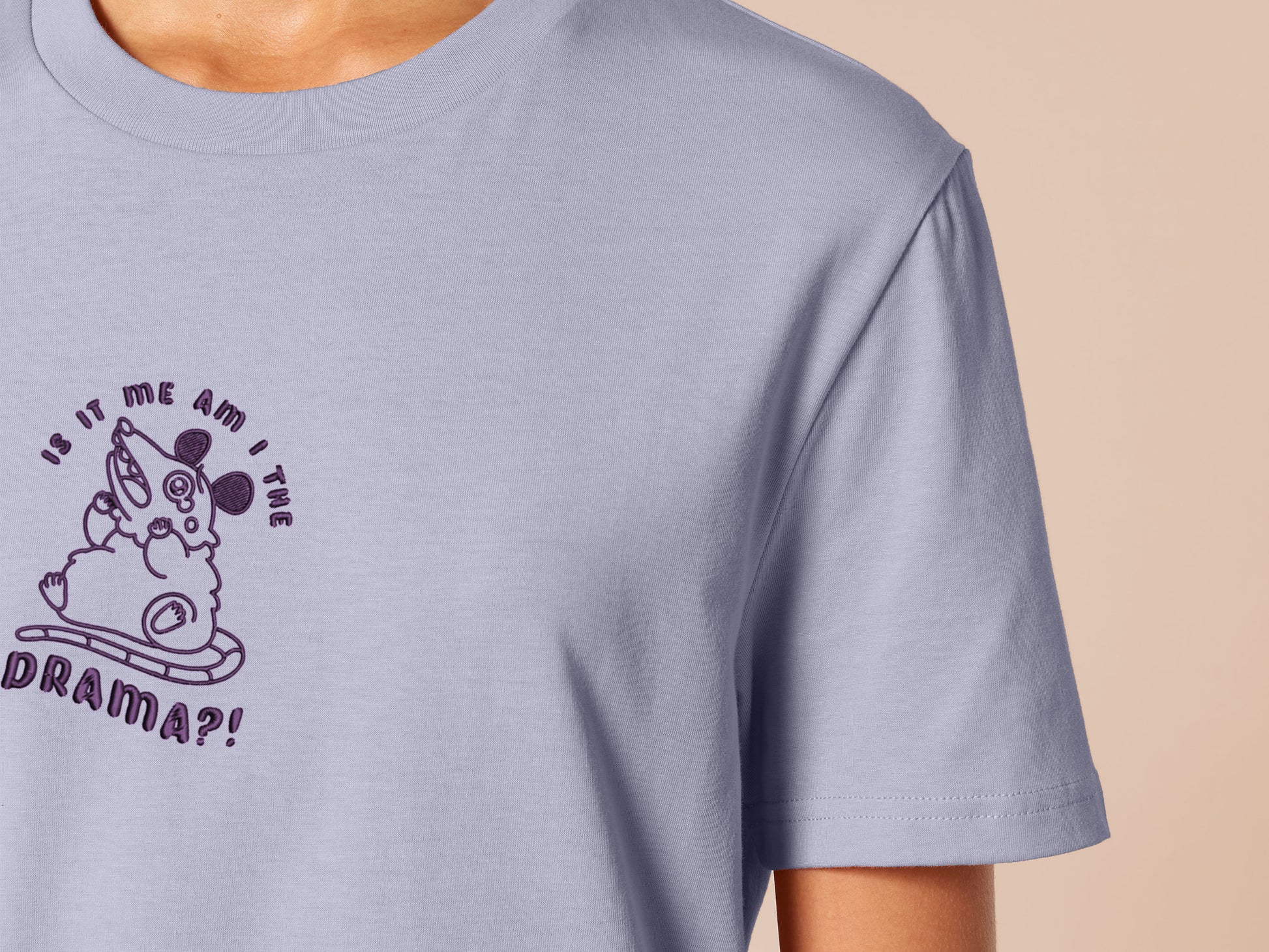 Purple embroidered t-shirt cute design of a chibi screaming crying possum with the quote Is it me am I the drama?!