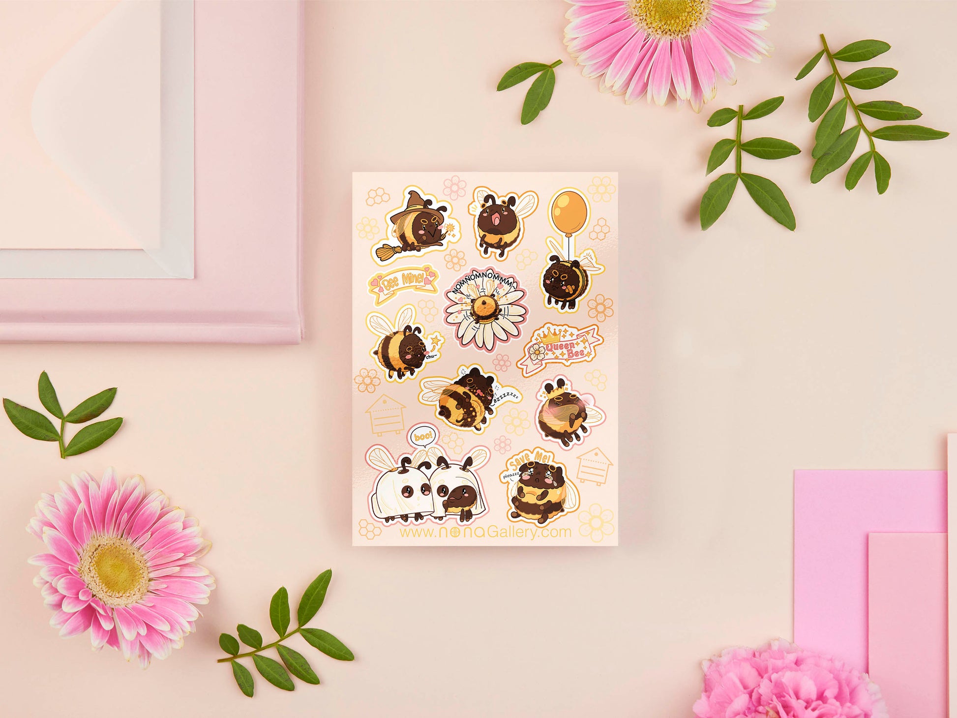Large sticker sheet of digital illustrated cartoon bees in various poses and expressions 