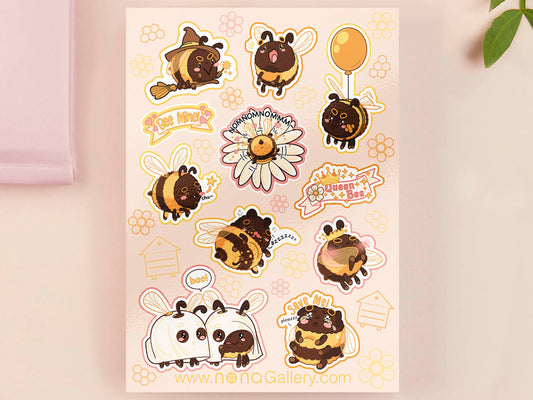 Large sticker sheet of digital illustrated cartoon bees in various poses and expressions 