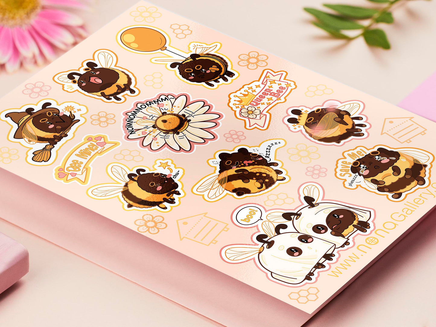 Large sticker sheet of digital illustrated cartoon bees in various poses and expressions 