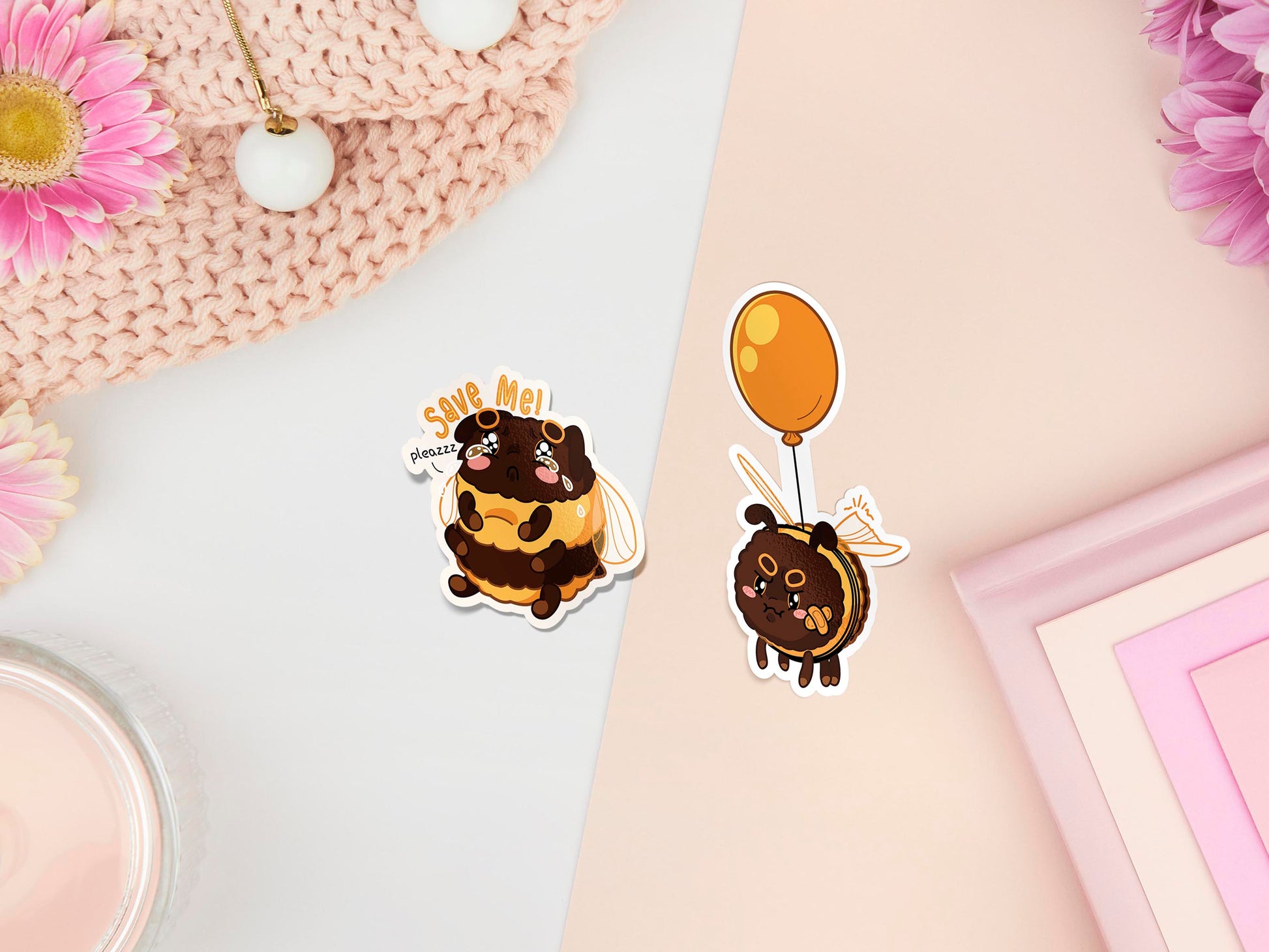 Two stickers of digital illustrated cartoon one is a fat bee sat down looking sad and crying with the words save me! and pleaszz. The other sticker is a sulking bee with a broken wing tied to an orange balloon.