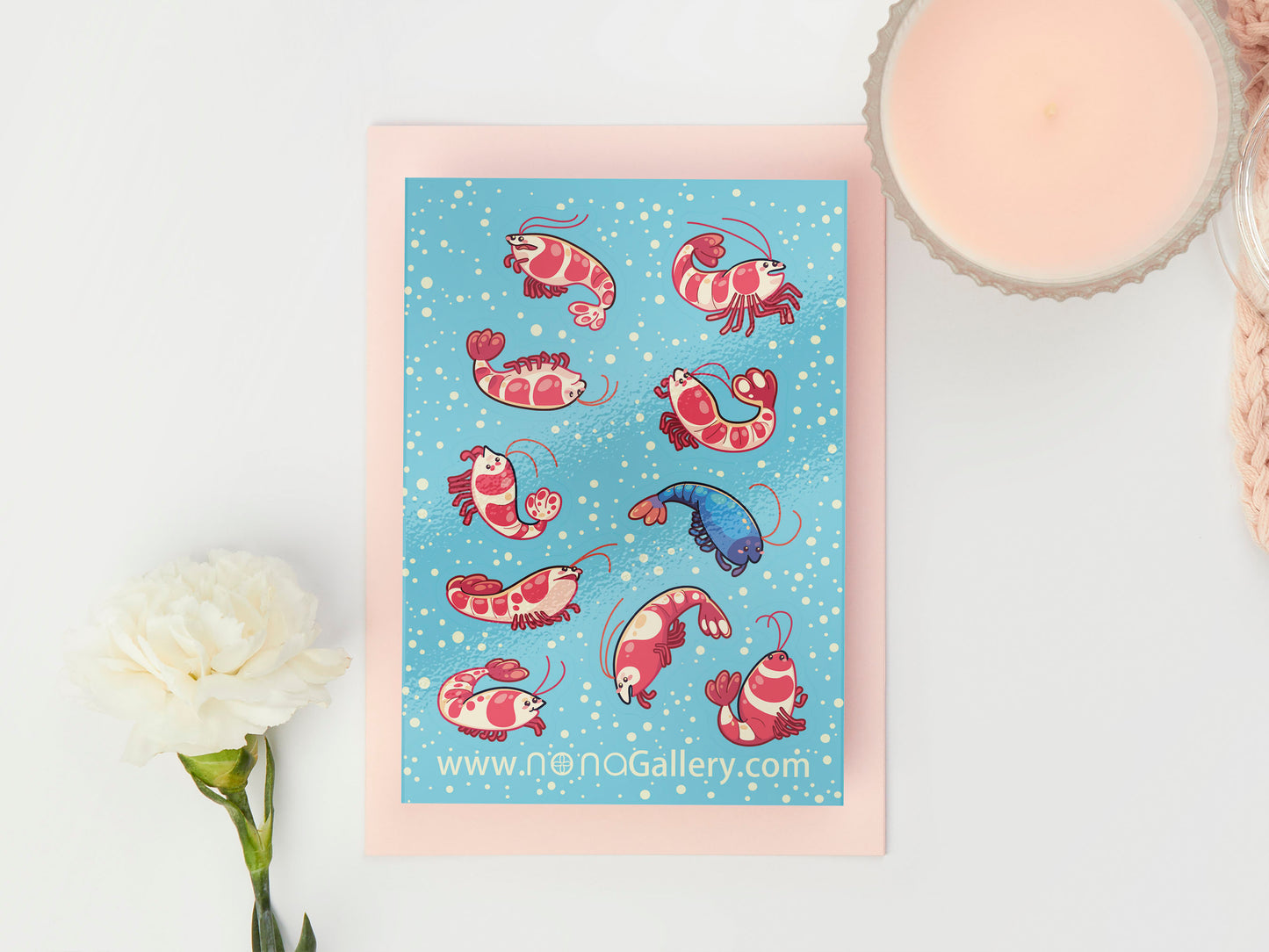 Gloss vinyl sticker sheet of multiple different types of cute chibi shrimp.