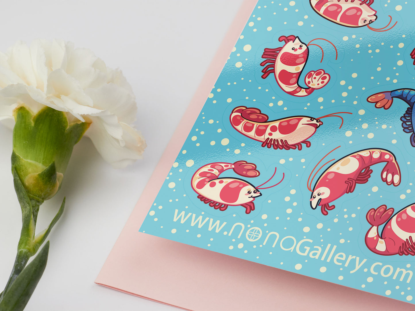 Gloss vinyl sticker sheet of multiple different types of cute chibi shrimp.