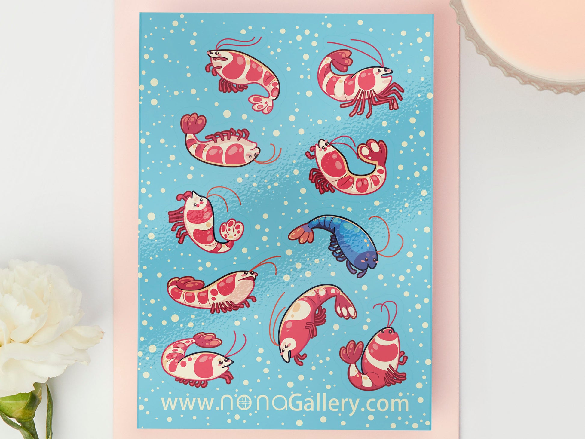 Gloss vinyl sticker sheet of multiple different types of cute chibi shrimp.