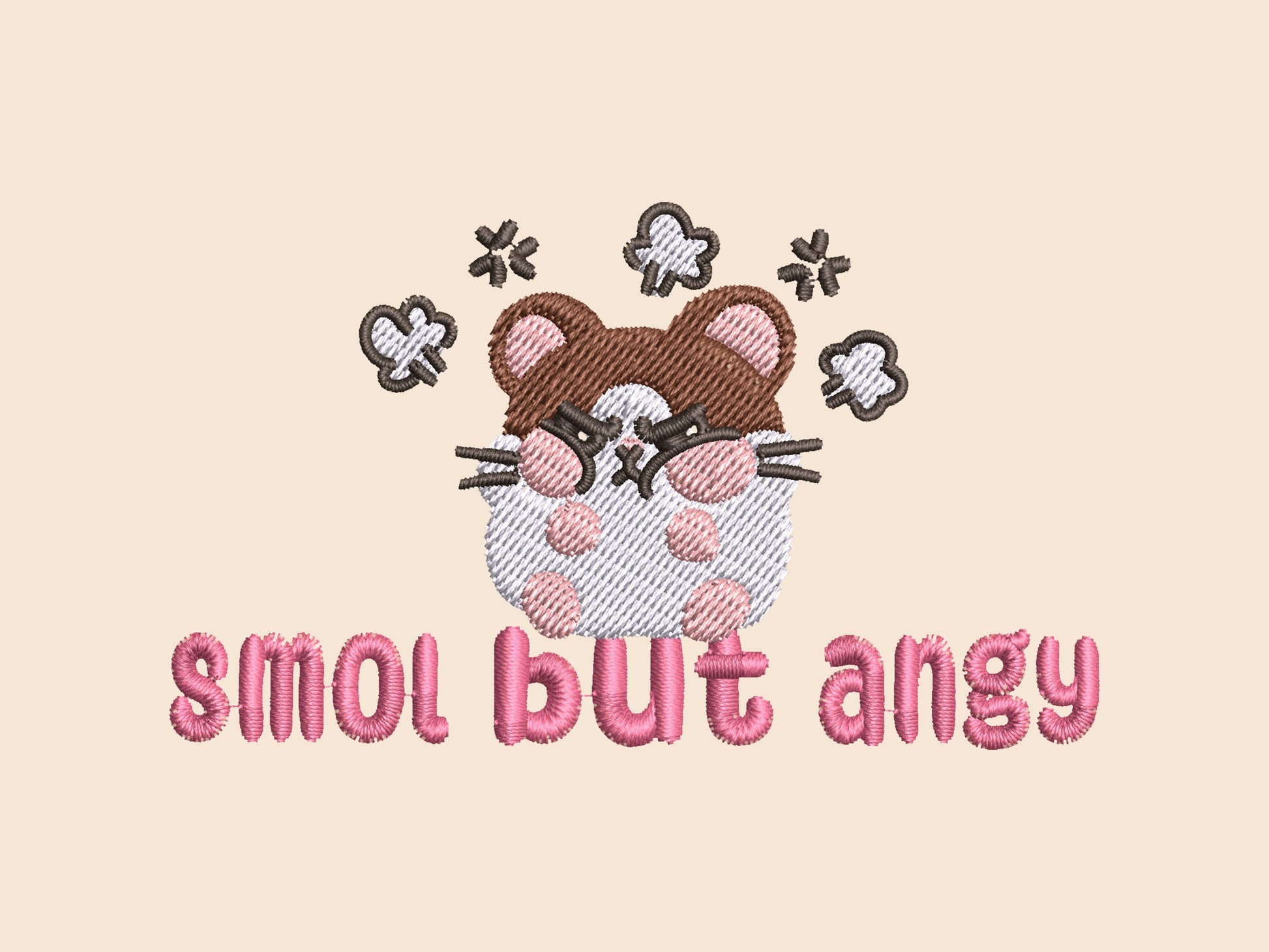 Vintage style truckers baseball cap with a contrast cream and pink peak design with an embroidered cute hanster angry and sulking with the quote smol but angy