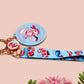 Acrylic epoxy shrimp keychain with a large acrylic charm of a a chef shrimp frying rice in a pan with the quote so you're telling me a shrimp fried this rice, a smaller charm of a cute baby shrimp and a matching blue shrimp lanyard.