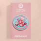 A clear acrylic pin badge with a pink heart-shaped pin back clasp. The design of the pin badge is of a cute chibi shrimp in a chefs outfit cooking with the quote So you're telling me a shrimp fried this rice?
