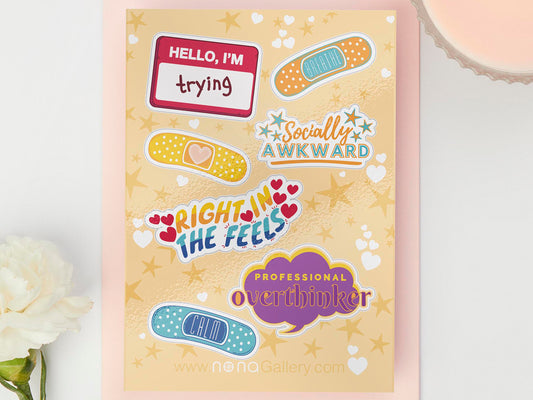 Large sticker sheet of digital illustration cartoon of funny quotes and sayings, plasters and badges
