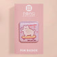 Clear acrylic pin badge with a pink heart-shaped rubber pin back clasp. The design of the pin badge is a cute chibi white cat skateboarding with the quote some people are just too cool but not me.