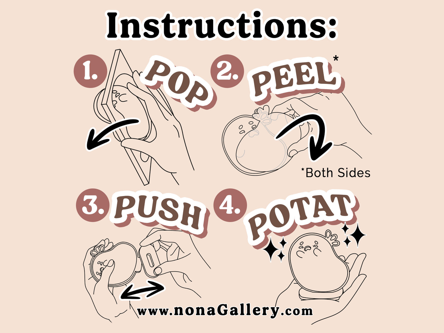 Digital illustration depicting 4 step by step instructions on how to assemble your stressed potato acrylic standee desk buddy.