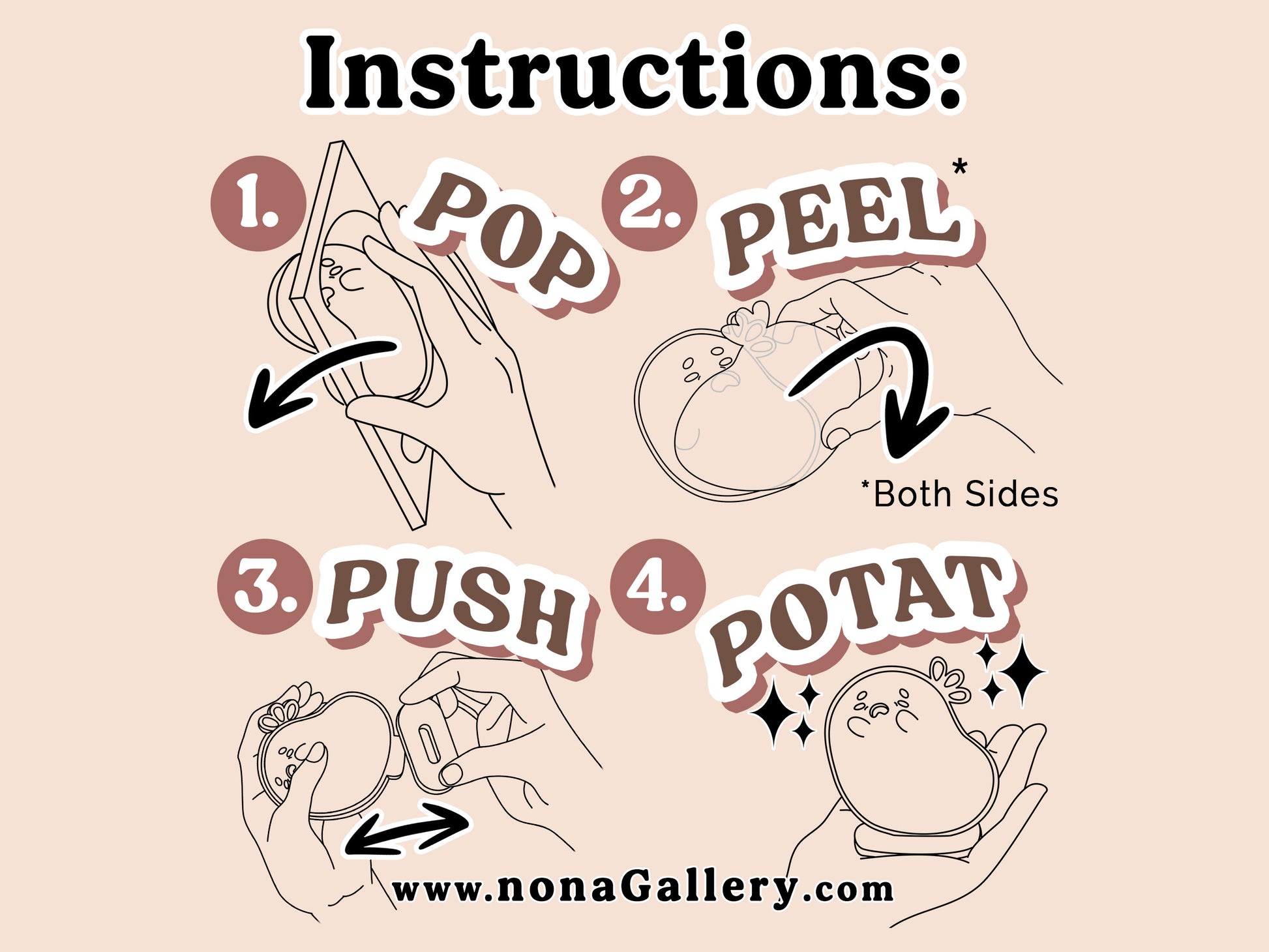 Digital illustration depicting 4 step by step instructions on how to assemble your stressed potato acrylic standee desk buddy.