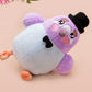 An adorable purple and blue pigeon bird plushie toy with cute embroidered eyes and facial expression, wearing a black top hat and bow tie, with a hang tag describing the pigeon as Susan.