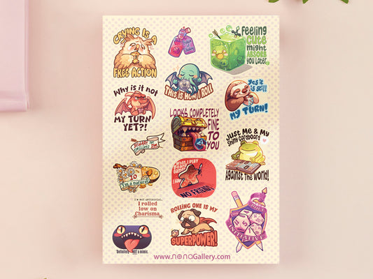 Large vinyl waterproof sticker sheets of multiple funny tabletop boardgame, trading cards and dnd rpg jokes and designs