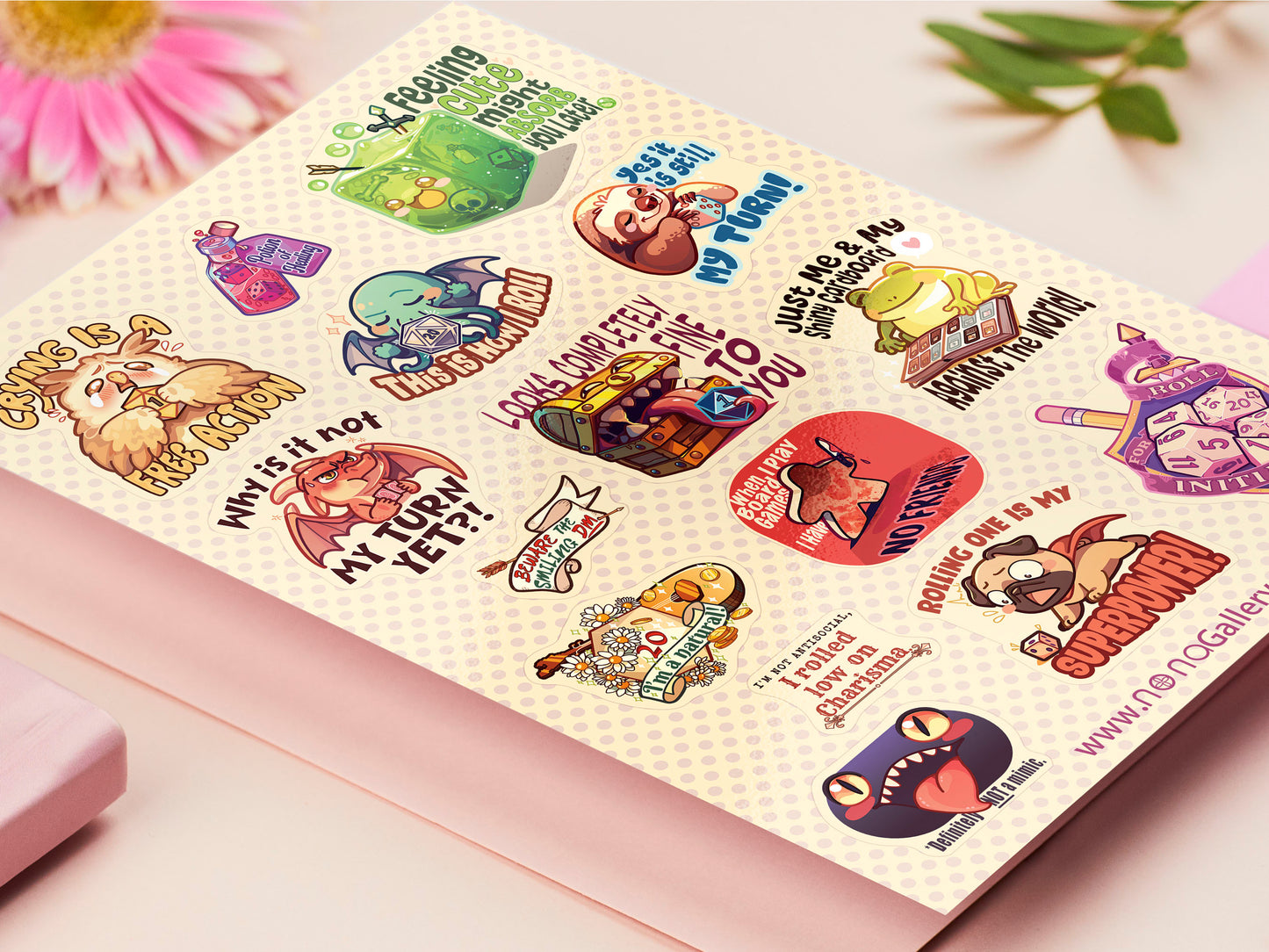 Large vinyl waterproof sticker sheets of multiple funny tabletop boardgame, trading cards and dnd rpg jokes and designs