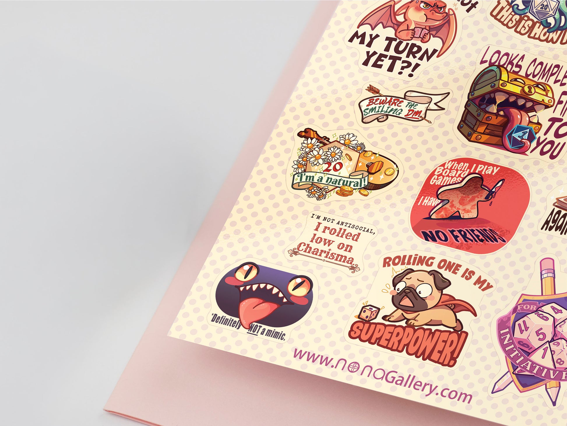Large vinyl waterproof sticker sheets of multiple funny tabletop boardgame, trading cards and dnd rpg jokes and designs
