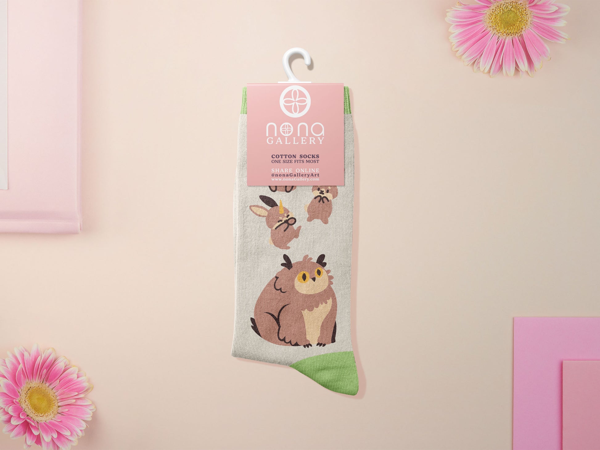 Cute knitted cotton crew socks with cute chibi Tabletop RPG Cryptid Monsters from DND such as Owlbears, Almiraj Rabbits, a Displacer Beast Kitten, Beholder, and Mimic chest