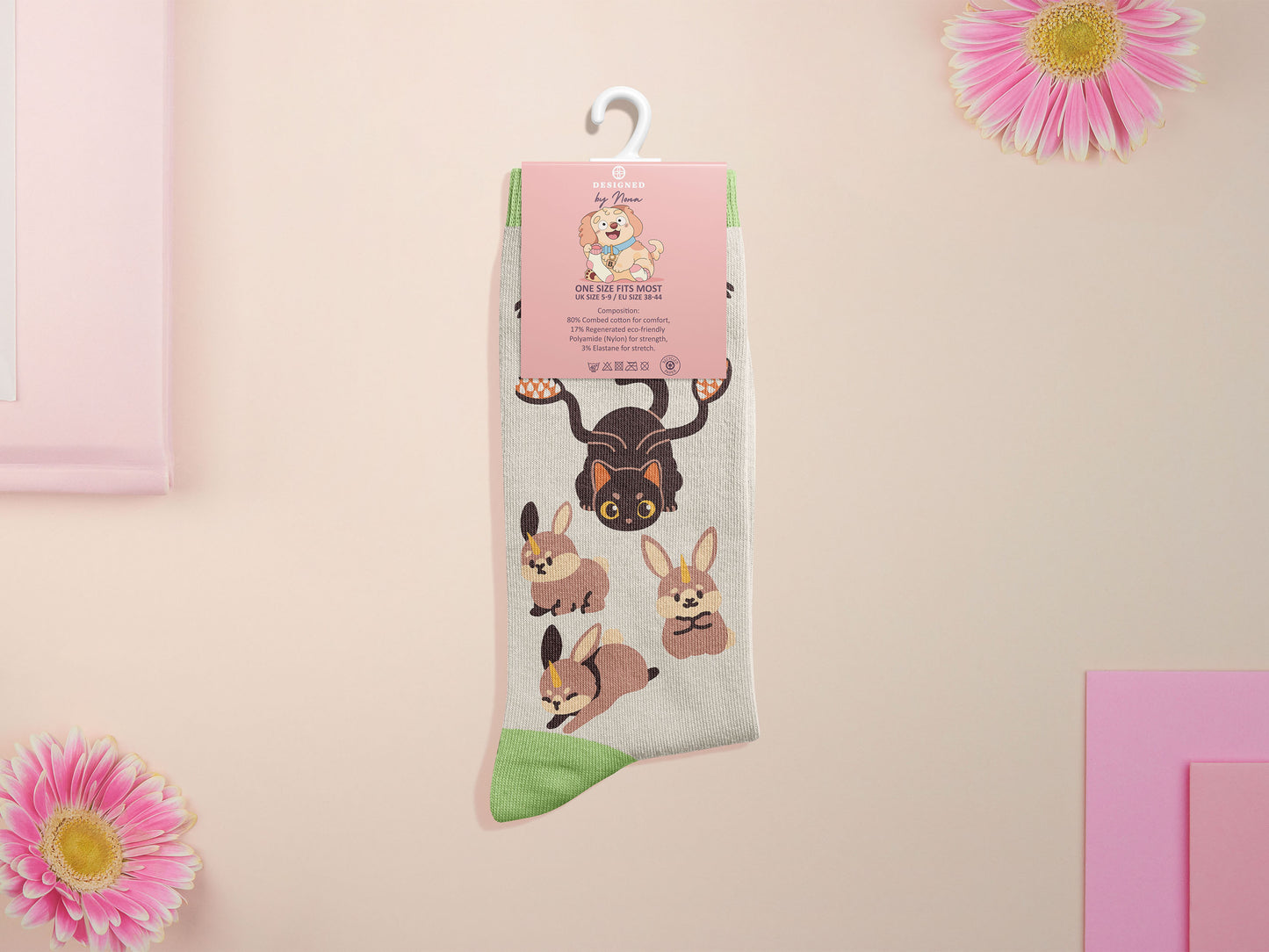 Cute knitted cotton crew socks with cute chibi Tabletop RPG Cryptid Monsters from DND such as Owlbears, Almiraj Rabbits, a Displacer Beast Kitten, Beholder, and Mimic chest