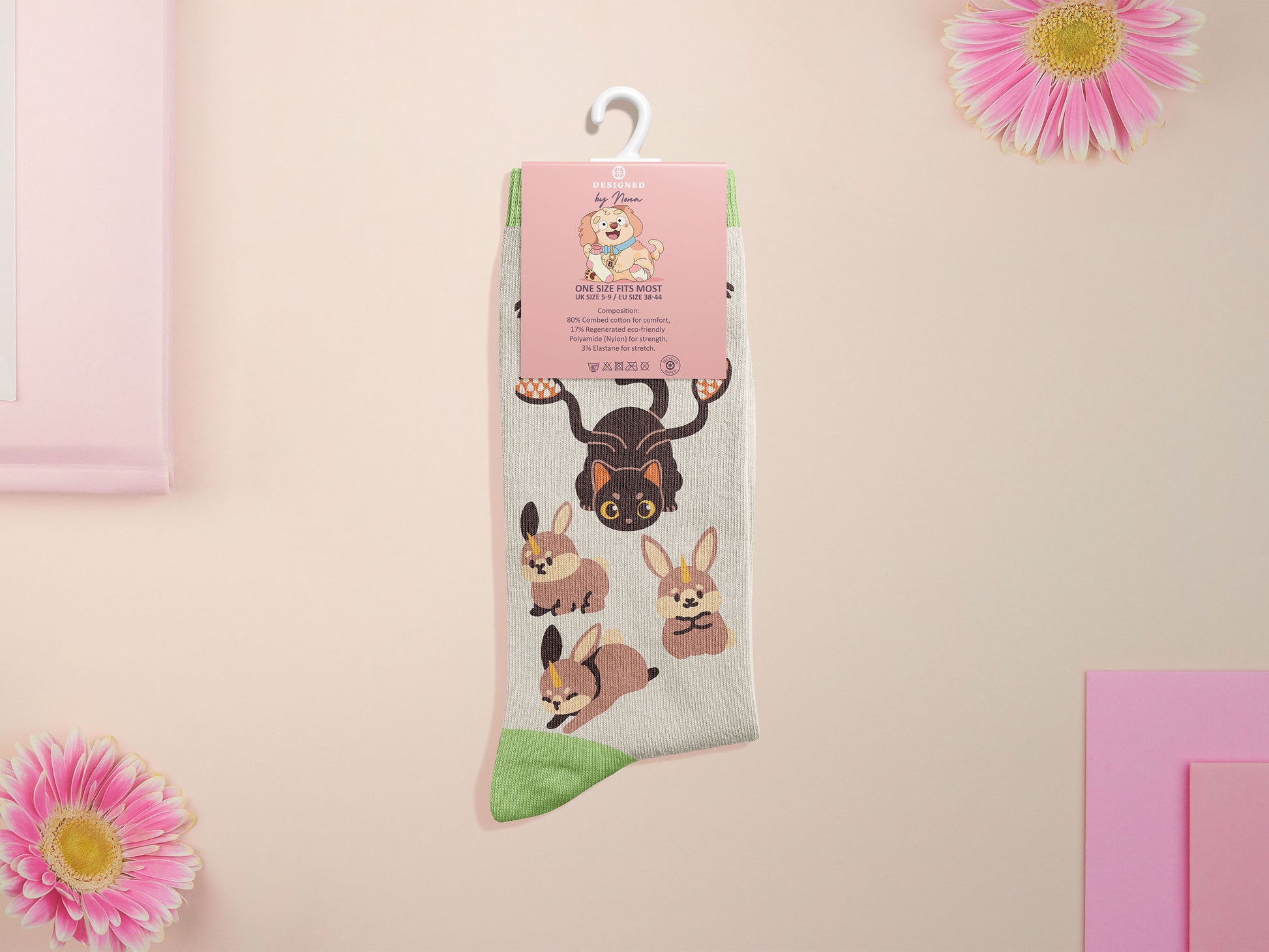 Cute knitted cotton crew socks with cute chibi Tabletop RPG Cryptid Monsters from DND such as Owlbears, Almiraj Rabbits, a Displacer Beast Kitten, Beholder, and Mimic chest