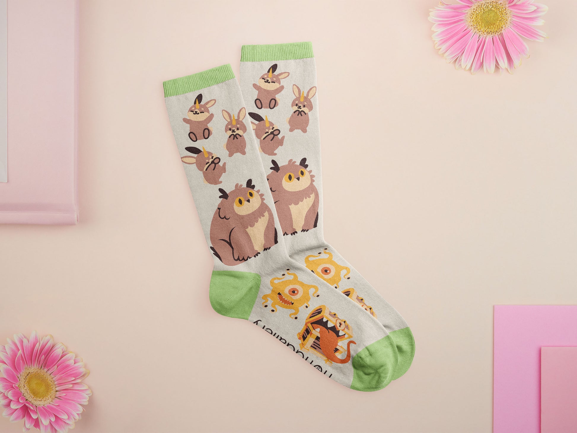 Cute knitted cotton crew socks with cute chibi Tabletop RPG Cryptid Monsters from DND such as Owlbears, Almiraj Rabbits, a Displacer Beast Kitten, Beholder, and Mimic chest