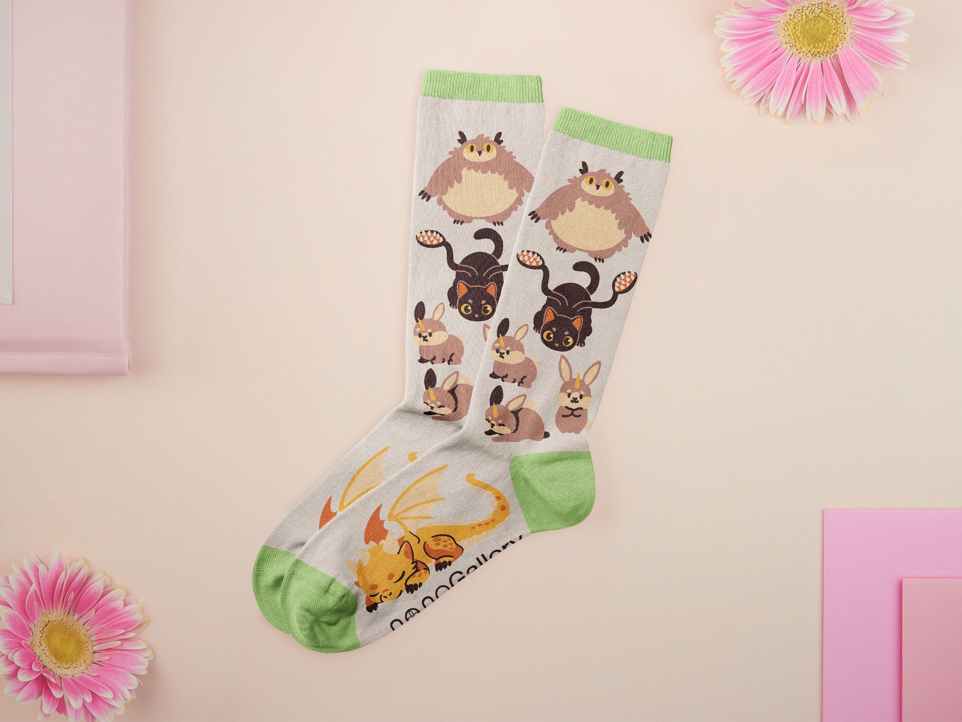 Cute knitted cotton crew socks with cute chibi Tabletop RPG Cryptid Monsters from DND such as Owlbears, Almiraj Rabbits, a Displacer Beast Kitten, Beholder, and Mimic chest