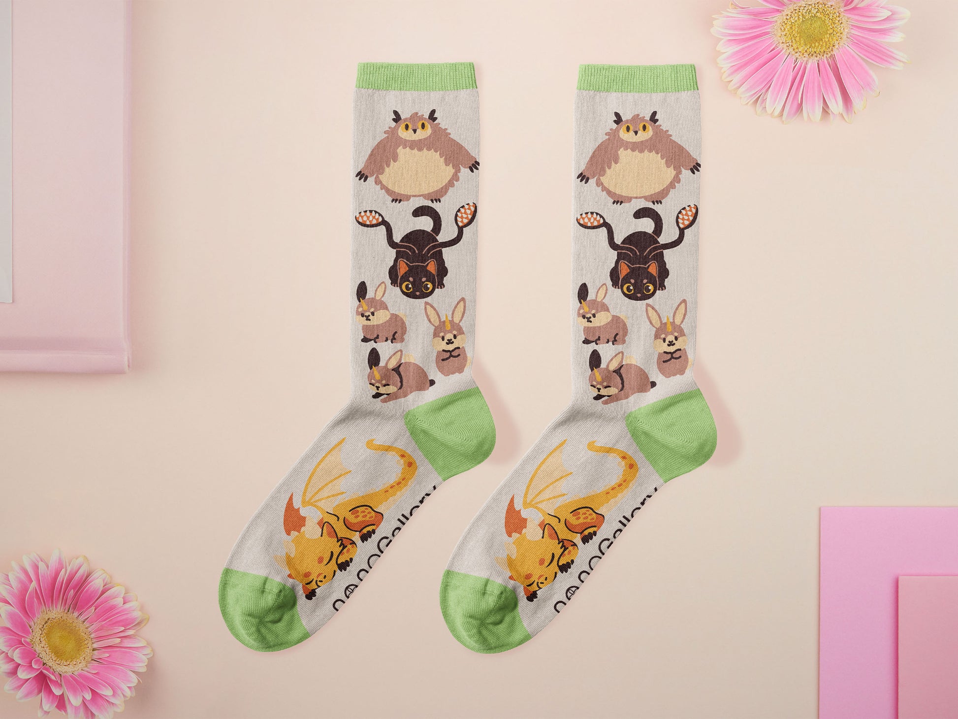 Cute knitted cotton crew socks with cute chibi Tabletop RPG Cryptid Monsters from DND such as Owlbears, Almiraj Rabbits, a Displacer Beast Kitten, Beholder, and Mimic chest