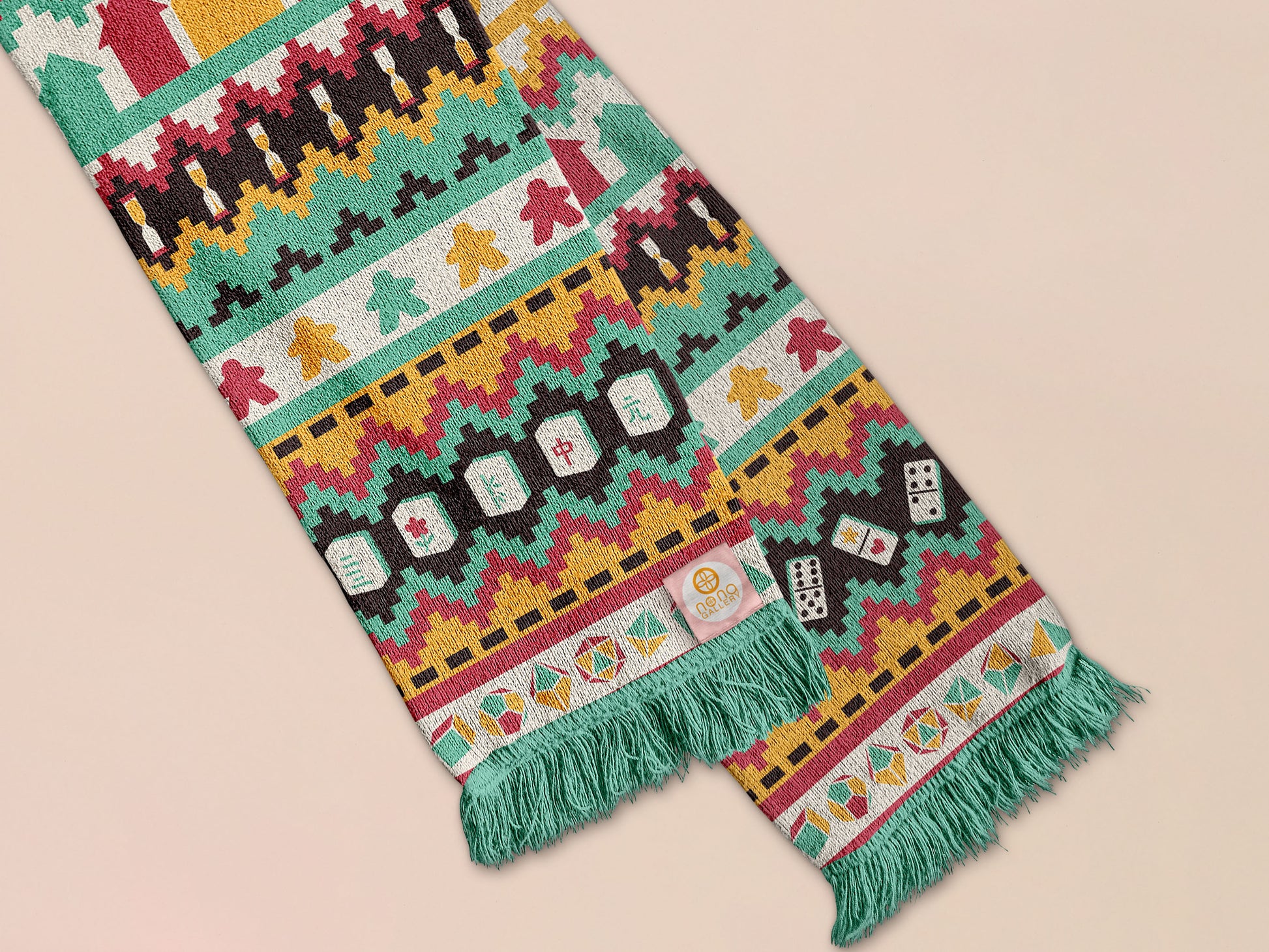 Cute knitted scarf with cute coloured Tabletop boardgame pieces such as meeple mahjong chess monopoly dice ludo and dominos