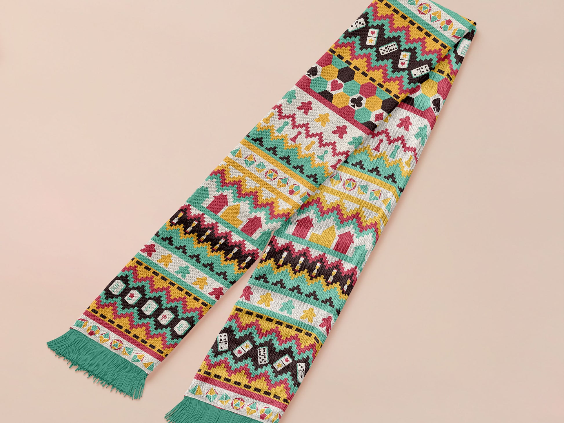 Cute knitted scarf with cute coloured Tabletop boardgame pieces such as meeple mahjong chess monopoly dice ludo and dominos