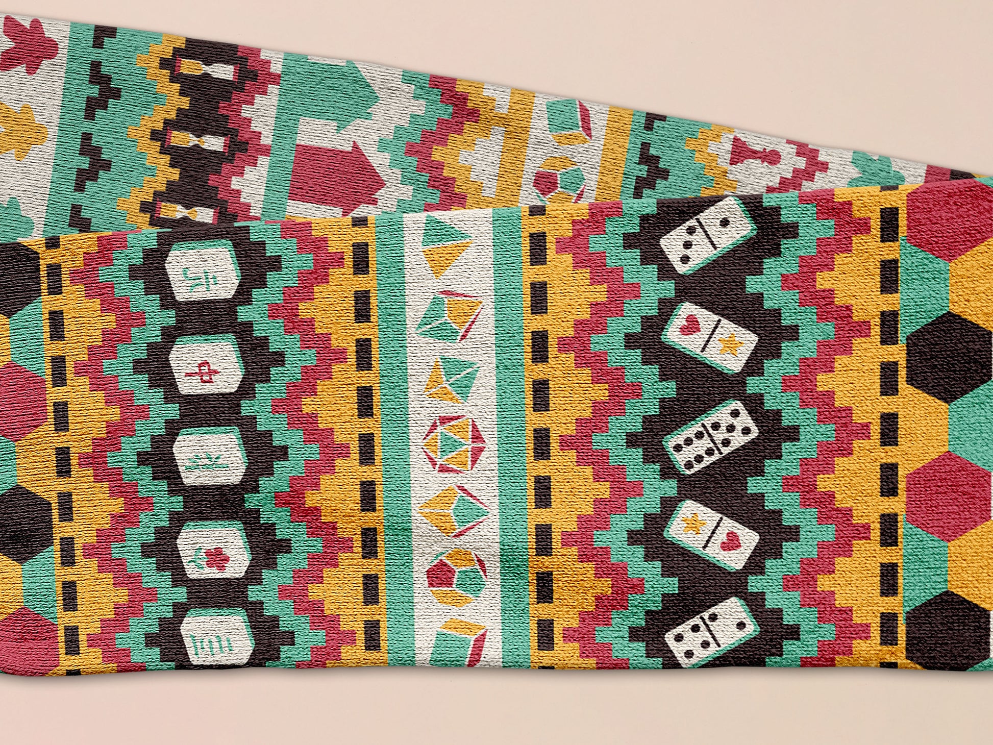 Cute knitted scarf with cute coloured Tabletop boardgame pieces such as meeple mahjong chess monopoly dice ludo and dominos